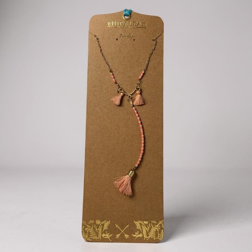 Boho‎ Coral Pink Tassel Necklace with Gold Chain and Beaded Details